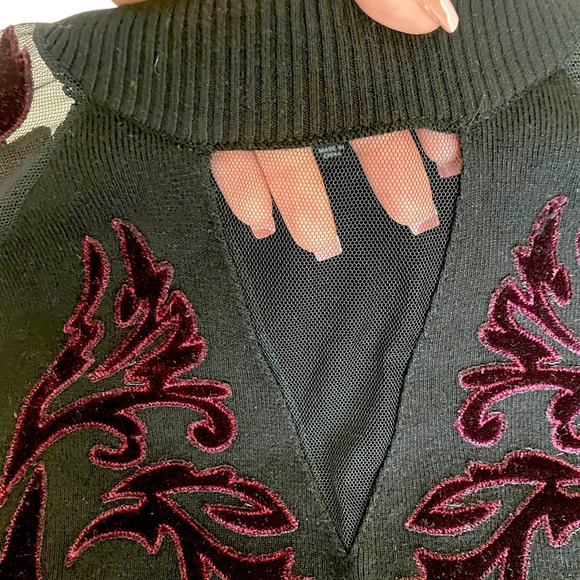 INC Flocked Velvet Illusion Black & Wine Choker Mesh Sweater Top Medium - Picture 10 of 11